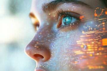 Close-up profile shot of a face overlaid with glowing digital data and interface elements, hinting at futuristic technology.