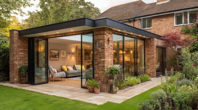 Modern Brick Home Extension Glass Doors Garden Design Luxurious Comfortable Living Space Backyard Patio Area Beautiful Landscaping Elegant Home       