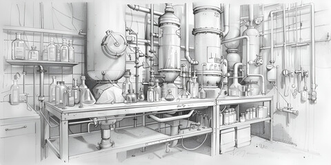 3d rendered industrial equipment and valves in wireframe design, Vintage Laboratory Sketch: A Detailed Illustration of Scientific Equipment, Historical Science Workspace: An Artistic Depiction 