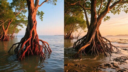 Naklejka premium Intertidal Zone of Mangrove Forest with Reflective Water Channels During High Tide Phenomenon