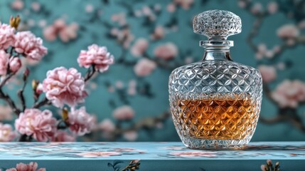 Crystal decanter of amber liquid on floral patterned surface.