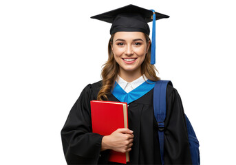 Smiling graduate student holding a book, wearing academic gown.  isolated on transparent png