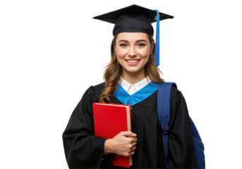 Smiling graduate student holding a book, wearing academic gown.  isolated on transparent png