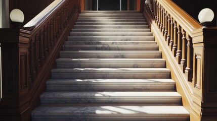 Fototapeta premium Elegant Marble Staircase with Wooden Railings and Spherical Lamps