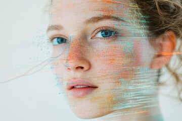 Close-up portrait of a woman with blue eyes, overlaid with digital lines and data streams, suggesting technology and human connection.