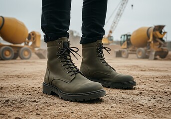Naklejka premium Durable olive green work boots on construction ground with heavy machinery scene