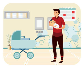  Paternity leave concept.  Father Holding Newborn Baby in Modern Room with Stroller Nearby.