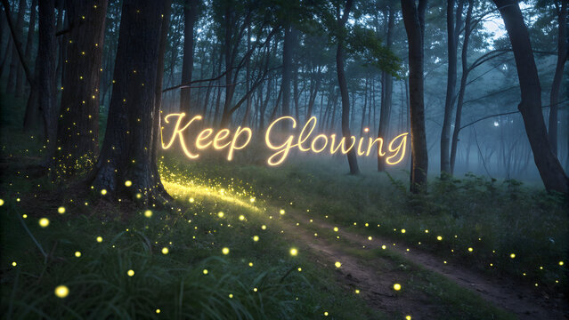 Magical forest path illuminated by glowing fireflies forming the words “Keep Glowing” in a dreamy nighttime scene filled with inspiration and serenity