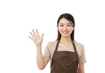 Friendly woman in an apron extending a welcoming hand.  isolated on transparent png