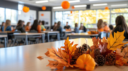 Vibrant high school classroom decorated for autumn, featuring orange leaves and pumpkins, creating warm and inviting