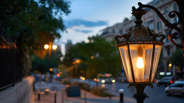 Decorative lantern glowing warmly at dusk in city environment