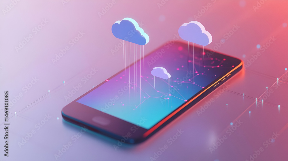 Poster smartphone displaying cloud data transfer with network connections