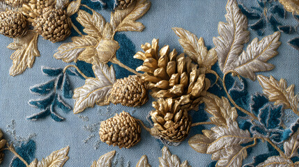 Decorative tapestry with golden and blue pine cones and leaves