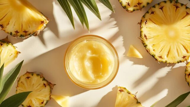 A top-down view of a jar of creamy yellow pineapple body butter surrounded by fresh pineapple slices and green tropical leaves on a vibrant yellow background, conveying a natural and exotic skincare 