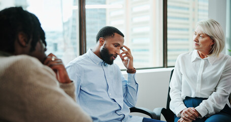 Business people, meeting or support group with team at office for rehabilitation or counseling....