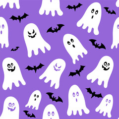 Seamless Halloween pattern featuring playful ghosts and bats on a vibrant purple background