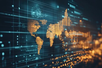Global data visualization with abstract world map and financial charts