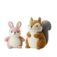 Fototapeta premium Cute plush bunny and squirrel toys perfect for nursery decor and heartwarming children's gifts on transparent background