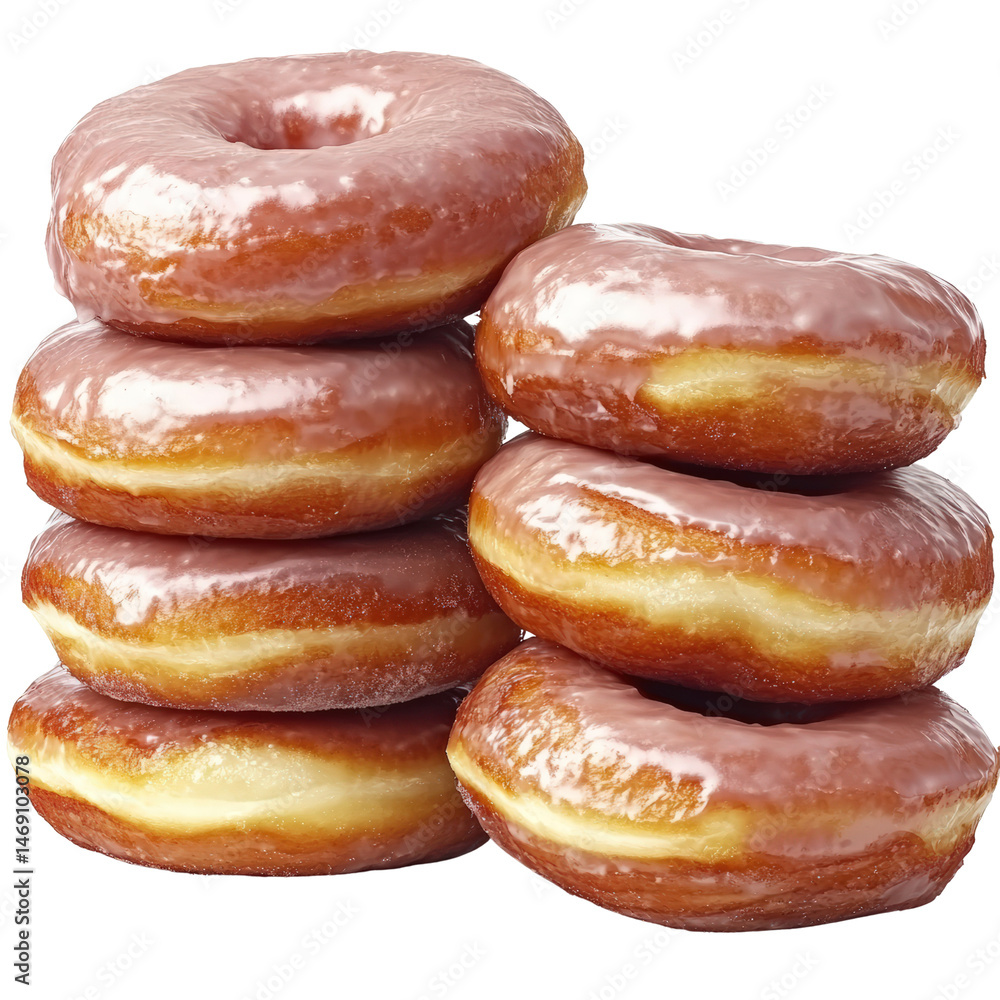 Poster a stack of colorful glazed donuts arranged temptingly on a wooden plate against a soft neutral backg
