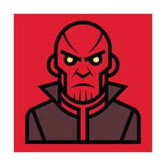 Stylized illustration of a red skinned character with glowing yellow eyes and a stern expression