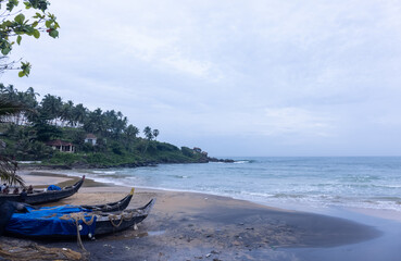 Obraz premium Beach landscape, Beautiful arial view of beach with sea waves and coconut trees and wooden boats. Nature scenery. 