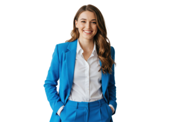 Smiling businesswoman in a vibrant blue business suit. isolated on transparent png