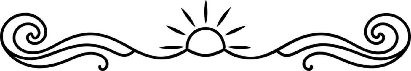 Ornate Sun divider Fancy Lines summer Elegant, Swirling Lines sunset and sunrise tropical beach ornate border design, beach vibes Thin line calligraphy page separator decorative element
