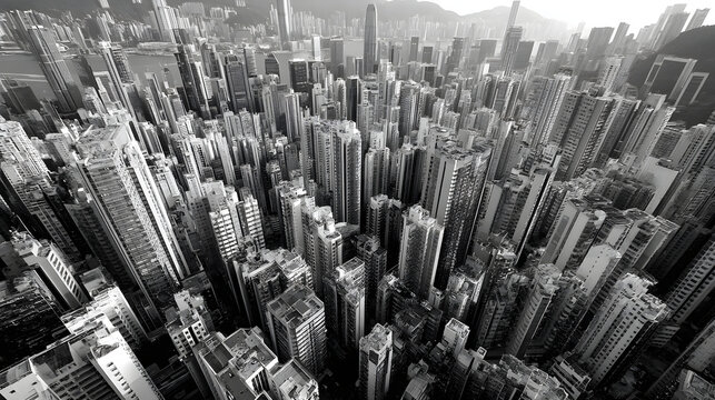 Fototapeta Dense black and white cityscape filled with high-rise structures in sharp contrast