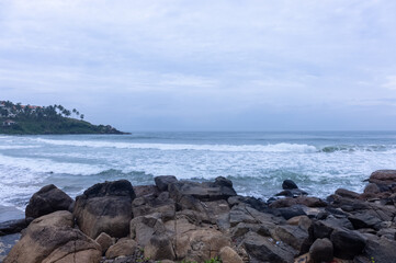 Beach landscape, Beautiful arial view of beach with sea waves and coconut trees. Nature scenery. 