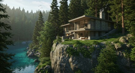 Obraz premium Modern house on a cliff overlooking a serene lake in a lush forest