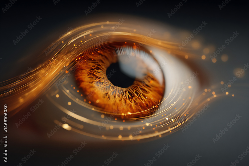 Poster a 3d rendering of an abstract eye resembling a surveillance camera lens, with scanning laser lines a