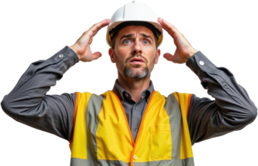 Stressed engineer contemplating solutions on construction site industrial environment focused perspective