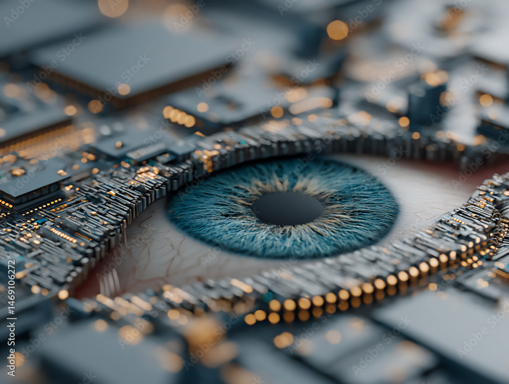 Poster a 3d rendering showcasing a stylized eye with multiple digital layers and tracking indicators, symbo