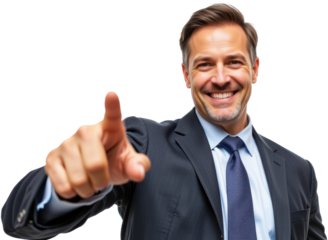 Confident businessman smiling and pointing office setting professional portrait bright environment engaging perspective