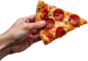 Hand holding delicious pepperoni pizza slice kitchen table food photography bright lighting close-up view culinary delight