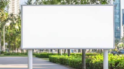 Obraz premium Blank billboard stands prominently in green park area, surrounded by trees and urban scenery, inviting creativity