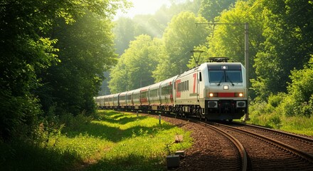 Naklejka premium Gleaming train winds through verdant forest