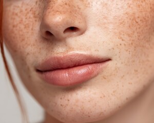 Obraz premium Close-up of lips of a fair-skinned woman with sensitive skin, no make-up, natural light, communicating skin health and sincerity.