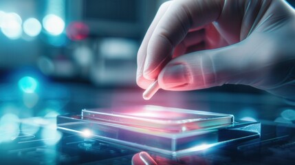 Hand in Glove Preparing Sample on Glass Slide for Laboratory Analysis