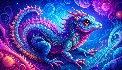 Obraz premium Colorful fantasy lizard in vibrant swirls digital art whimsical environment close-up