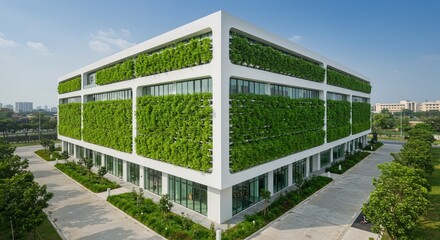 Fototapeta premium Green building facade blends nature and modern architecture