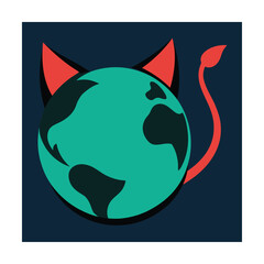 Cartoon illustration of the world planet with devil horns and a tail graphic design