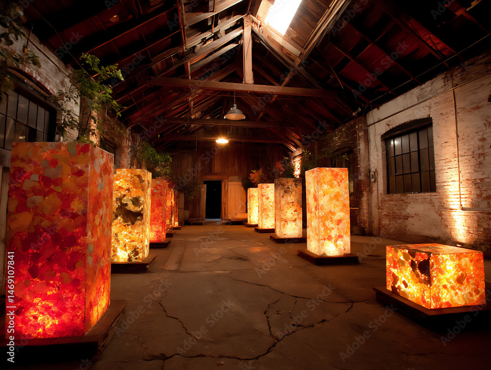 Poster interior of a contemporary art space featuring large-scale projections of abstract digital animation