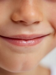 Obraz premium Macro of lips of a 5 year old tanned boy, smiling slightly, natural light, white background, conveying innocence, freshness.