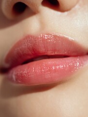 Macro shot of Asian teenage girl's lips, wearing light colored lip balm, on a clean white background, conveying innocence.