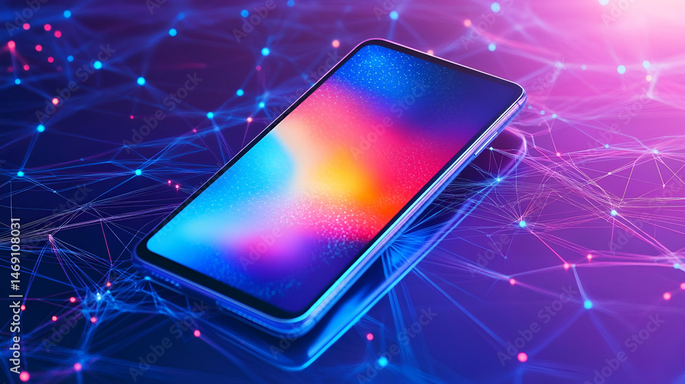 Poster vibrant smartphone display with abstract network background