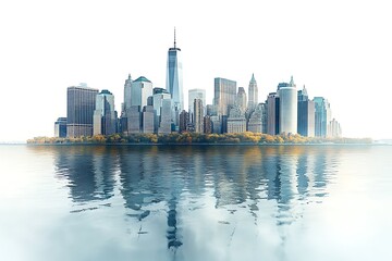 Obraz premium Downtown manhattan skyline reflected in calm water on a clear day against white sky