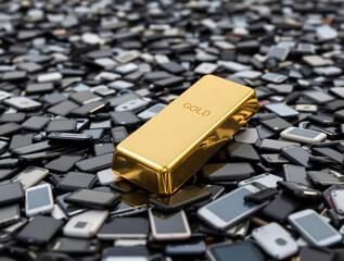 沢山の廃棄スマホの上の金の延べ棒
