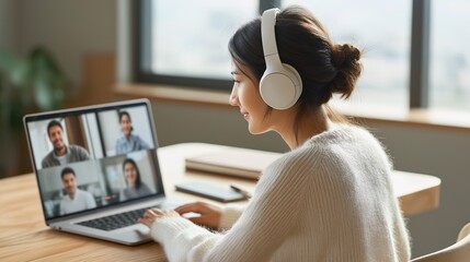 Woman in headphones attending video conference on laptop at home