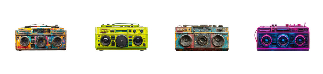 Boombox collection, vintage sound, music player, stereo audio, isolated, cut out transparent
